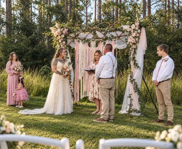 Wedding vows beneath the floral arch at Parkside
