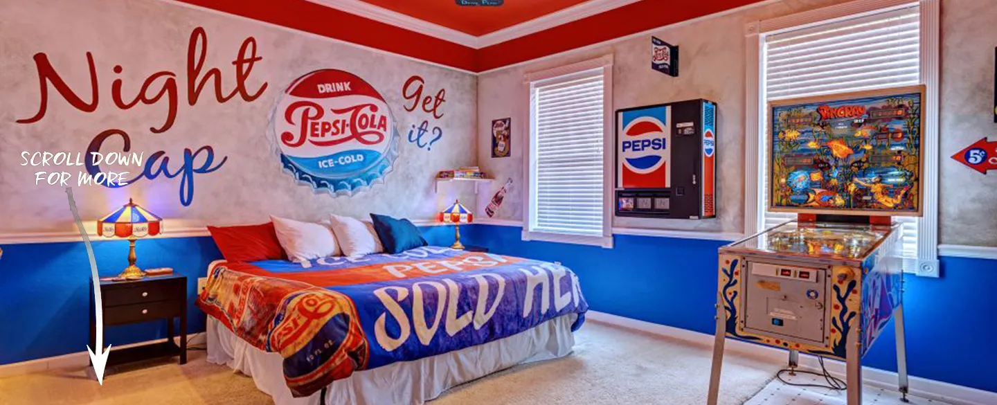 sleep in a pepsi themed pinball diner bedroom at this airbnb near Orlando