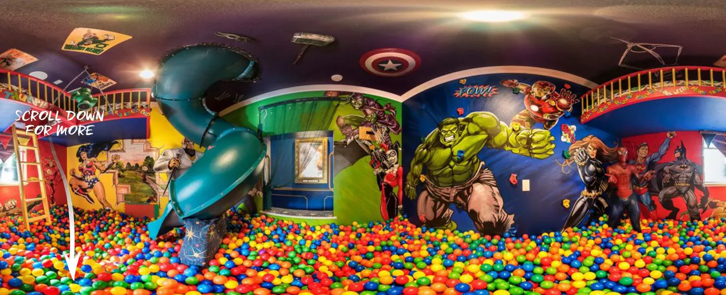 The Marvel vs. DC Superhero ballpit room at The Ever After Estate vacation home rental near Disney World and Orlando