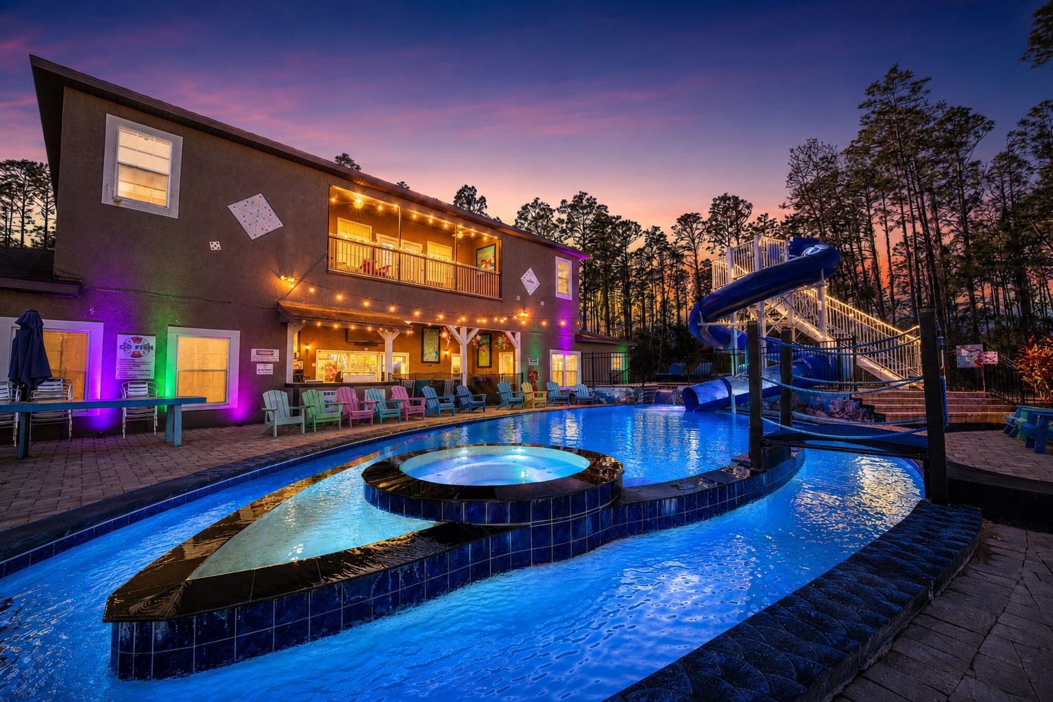 The Great Escape Lakeside pool complex at dusk
