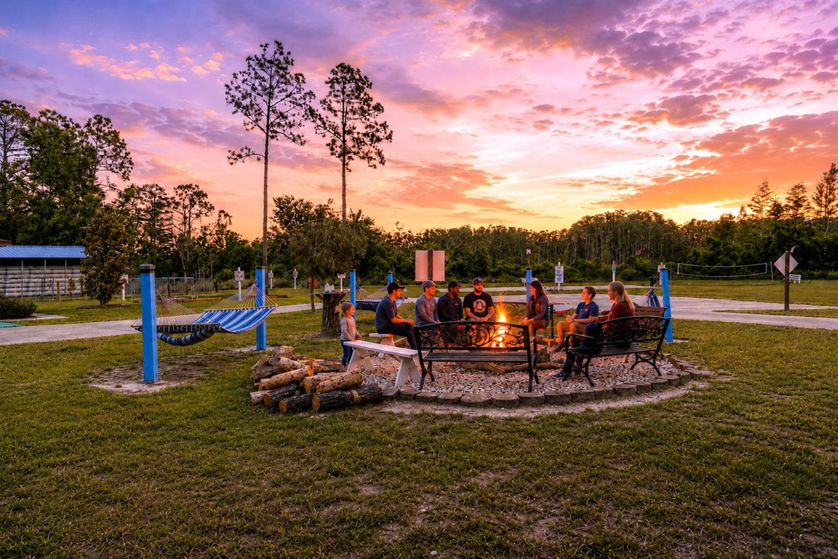 The fire pit at sunset.
