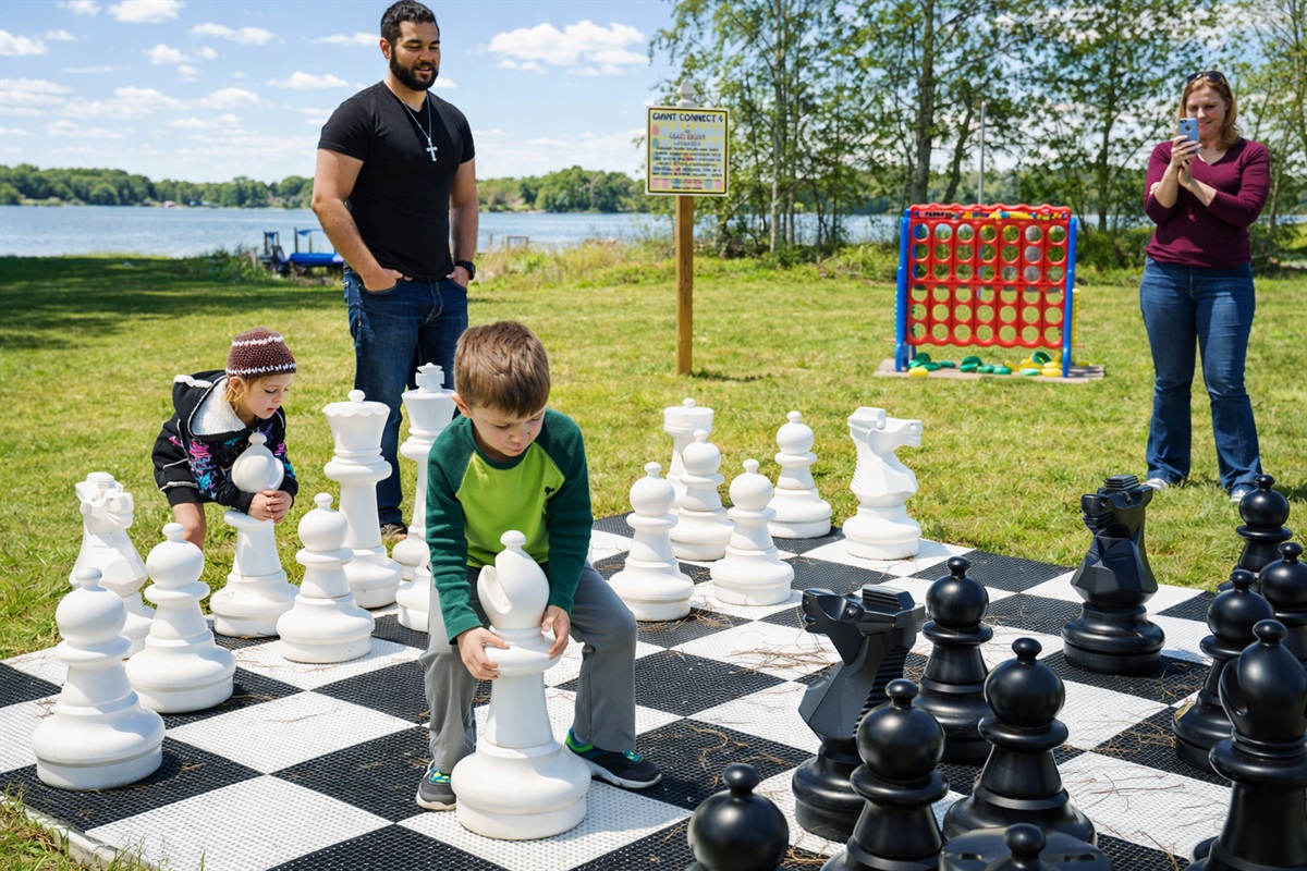 Giant outdoor chess on the lawn.
