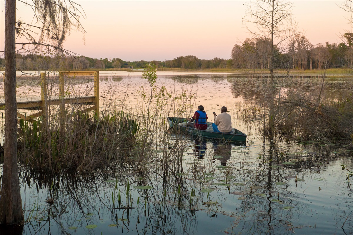 Paddling the lake at sunset.