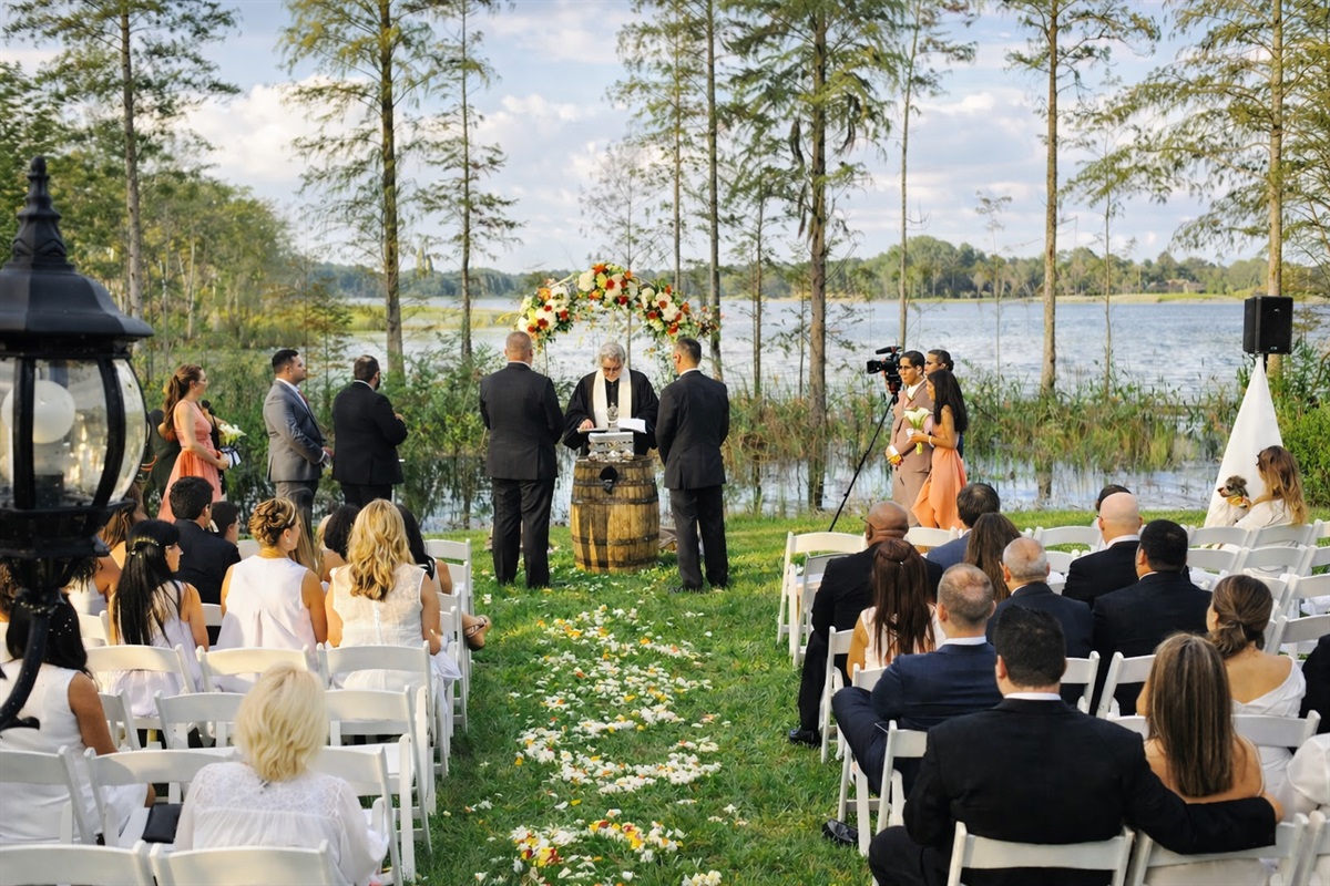 A lakeside wedding ceremony.