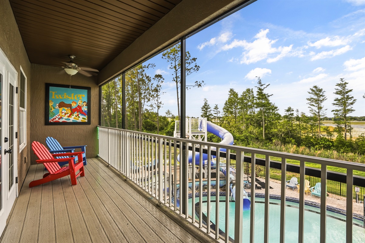 The covered porch overlooking the pool.