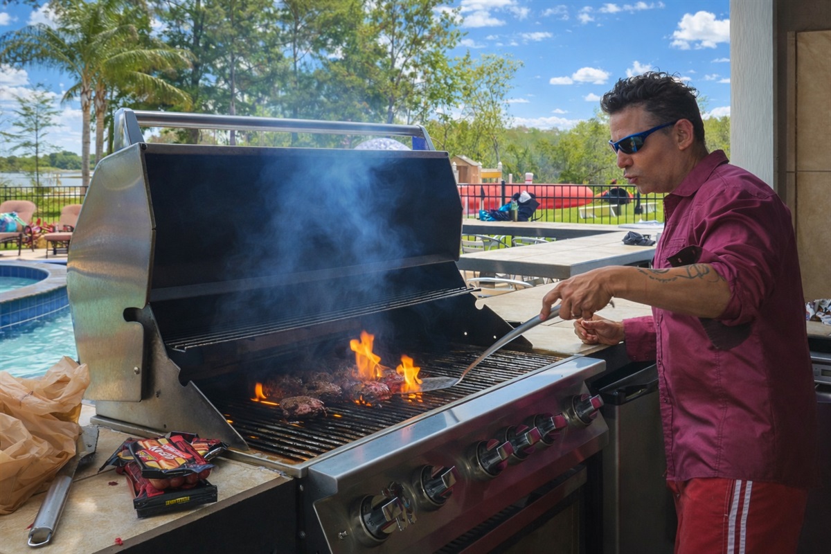 Grilling at the outdoor kitchen.
