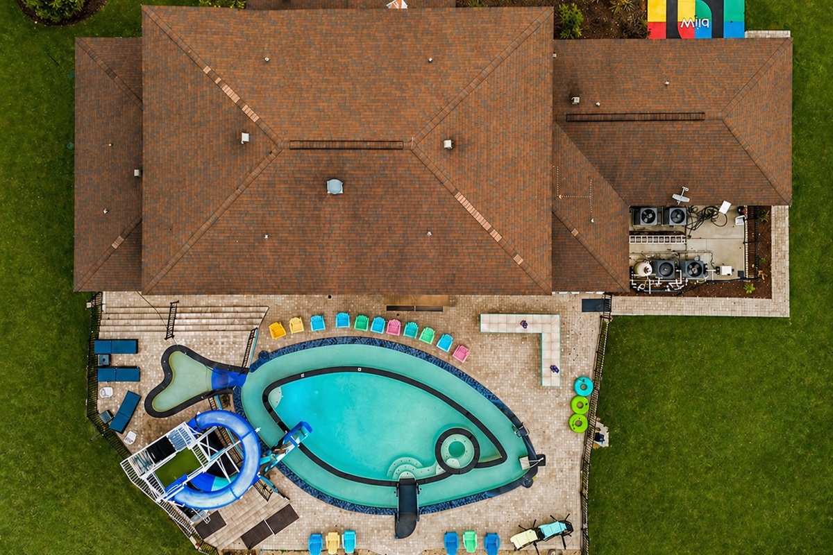 Aerial view of the fish-shaped pool.