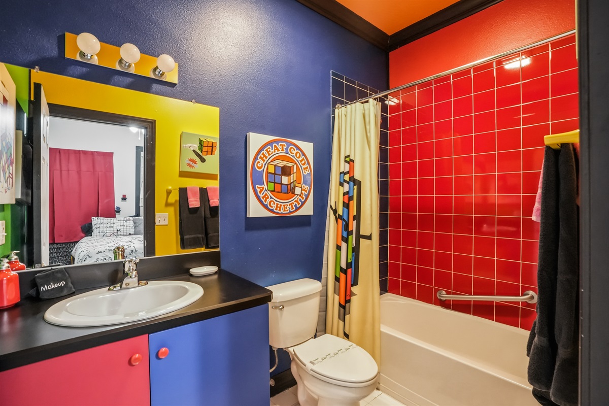 A Vegas-themed bathroom.