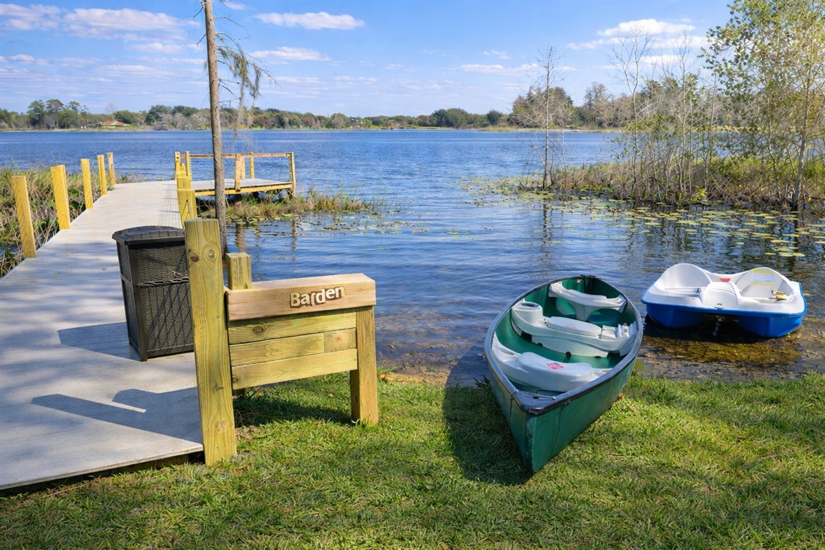 Kayaks and canoes on the private dock.