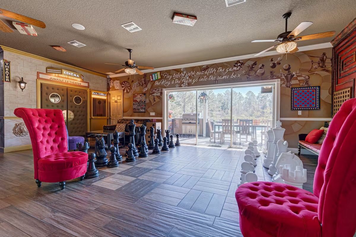 The chessboard floor of the LIFE-ing room at The Great Escape Parkside