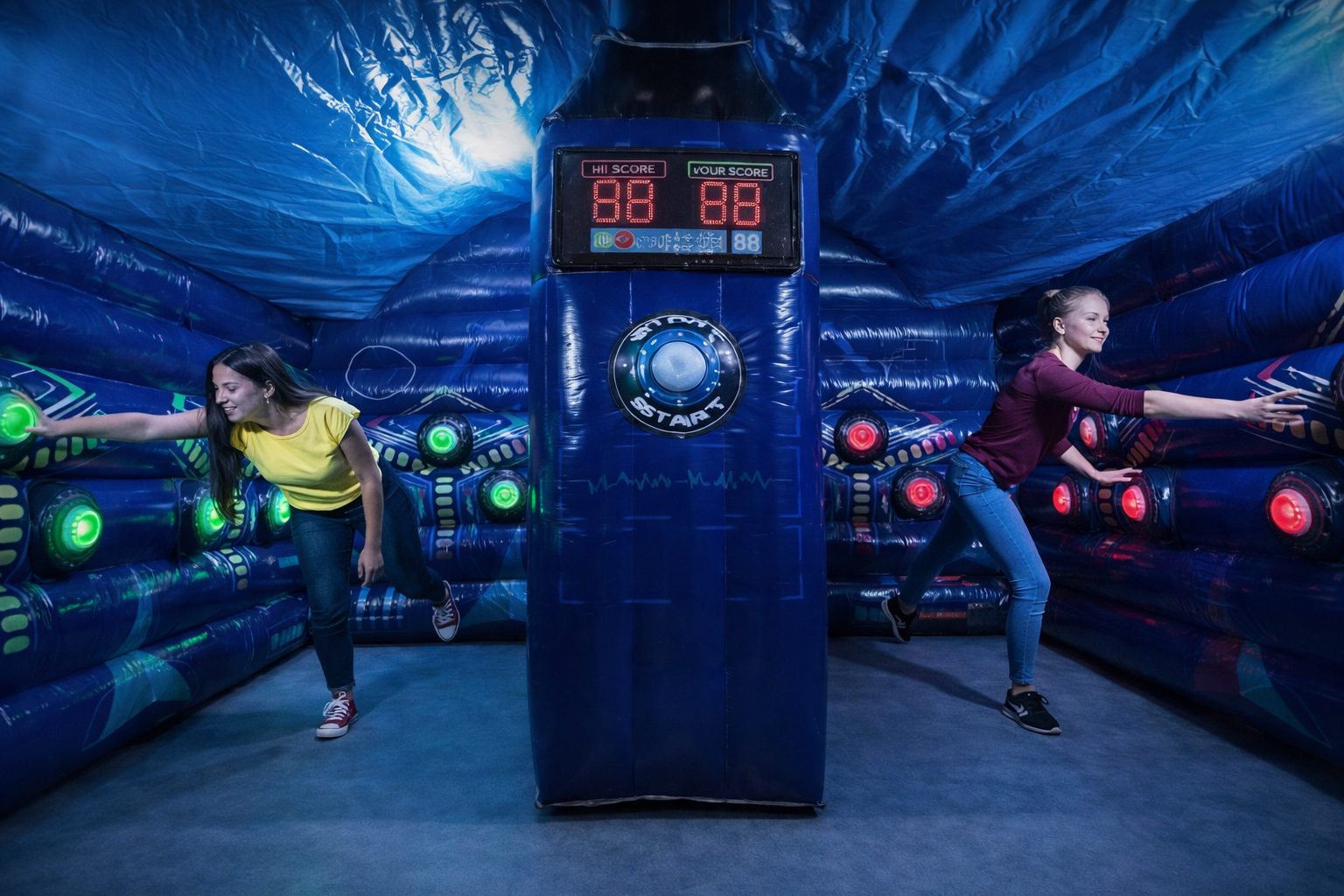 The inflatable disco light race, timed obstacle run.