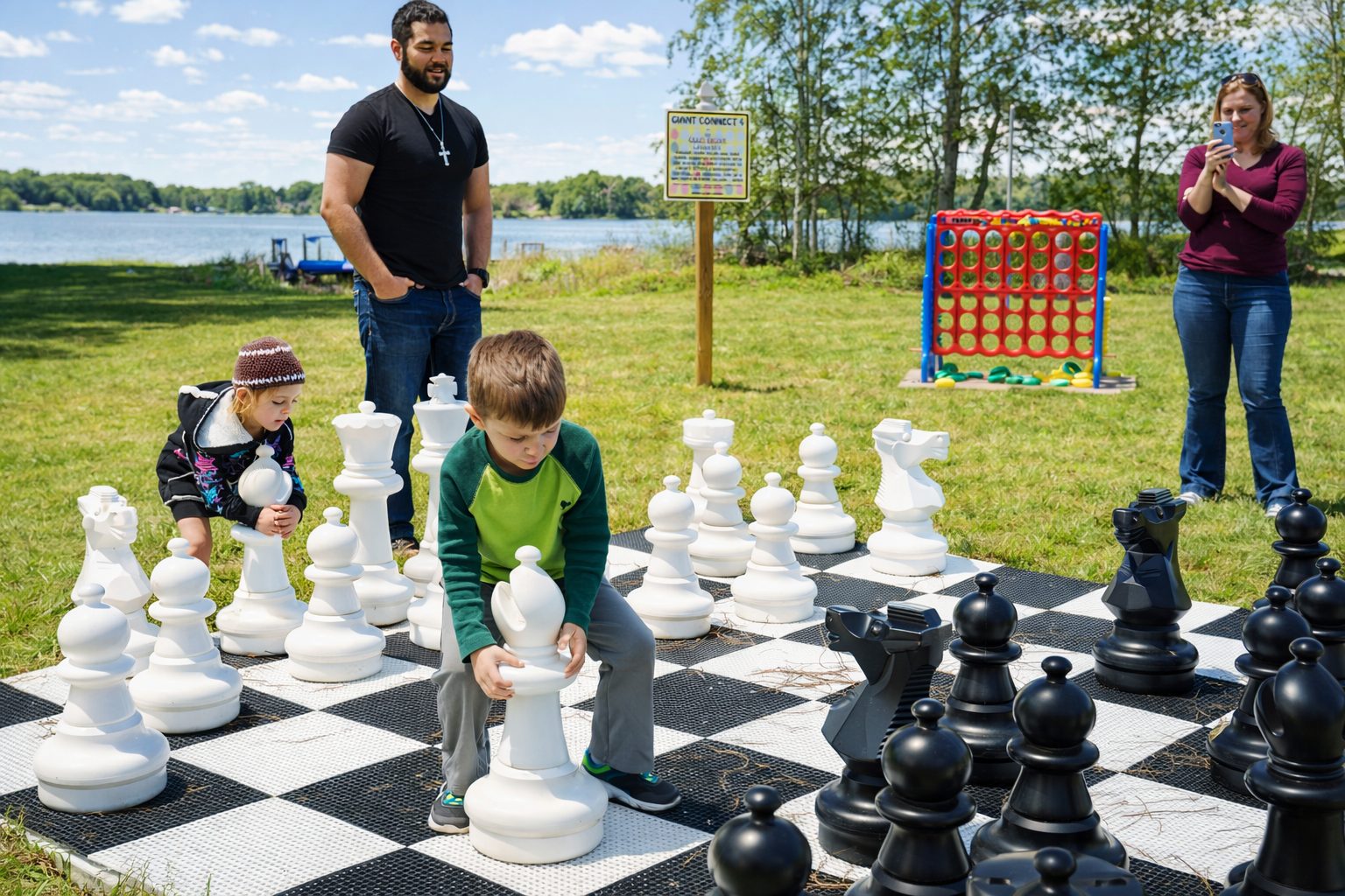 Giant outdoor chess on the lawn.