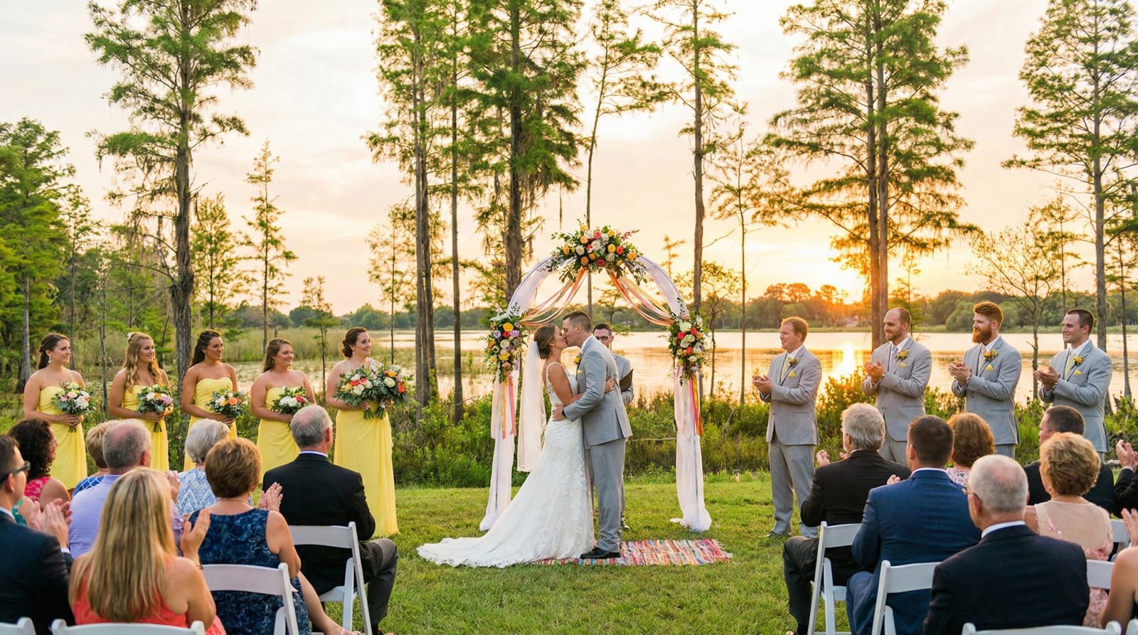 Lakeside wedding venue at Clermont estate with sunset views