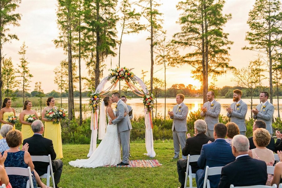 A wedding ceremony on the lakefront lawn