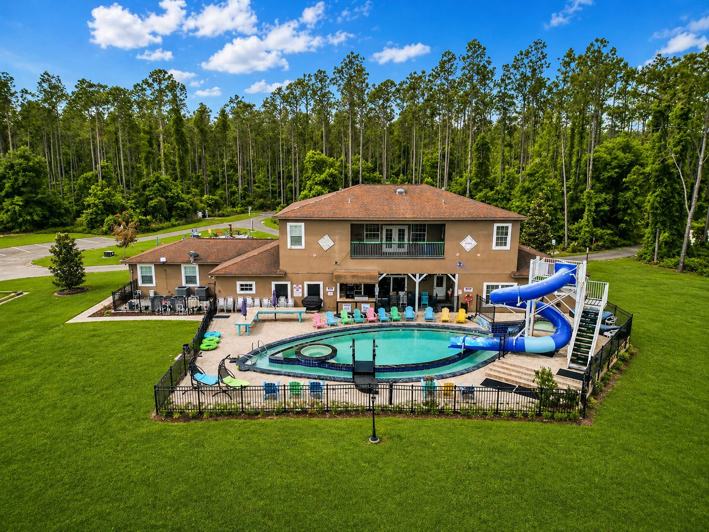 Aerial view of the pool and lazy river.
