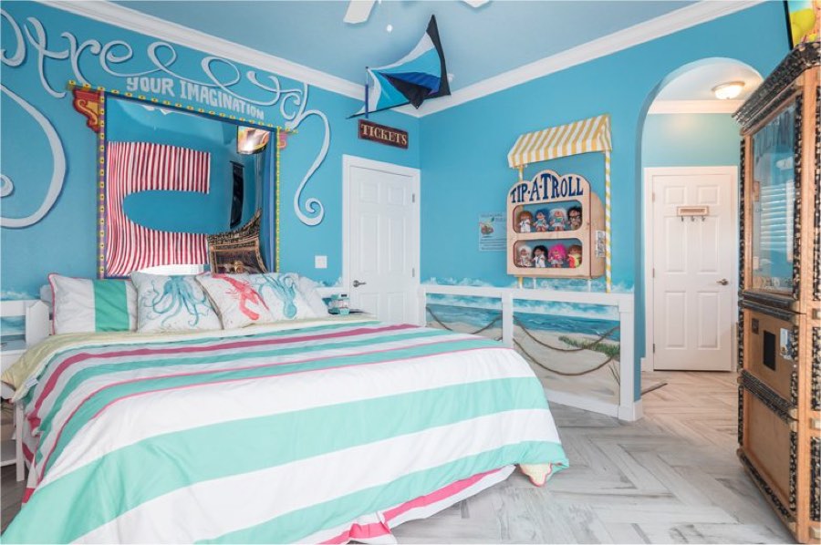 Carnival themed bedroom in the Carnival Games Waterfront Suite at The Great Escape Lakeside, Clermont FL