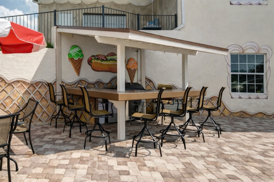 Shaded outdoor dining patio.