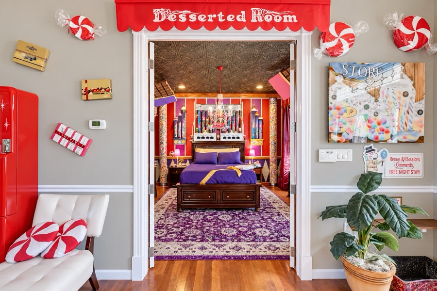 Whimsical peppermint wardrobe hallway.