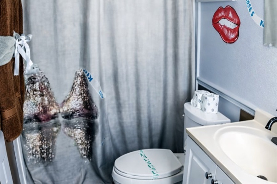 The Hershey Kiss-themed en suite bathroom.