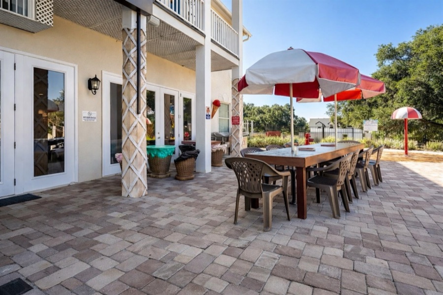 Outdoor dining under sunshine.