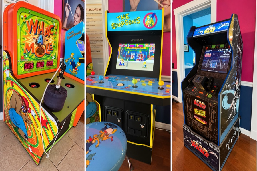 Whac-A-Mole, The Simpsons and Star Wars arcade machines in the Bubble Gum Lounge.