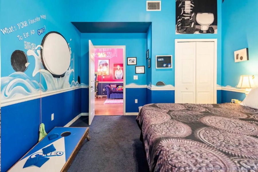 The Oreo Cookies and Milk bedroom, king bed.