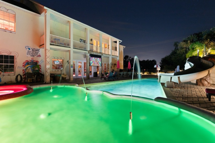 The pool lit up at night.