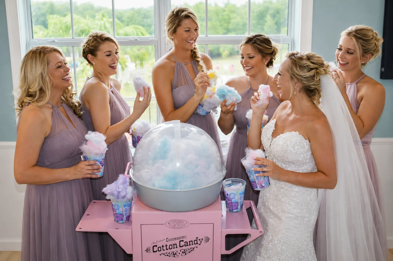 Cotton candy with the bridesmaids